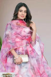 Organza pink floral gown set with rich position print, three-quarter sleeves, printed net, India origin