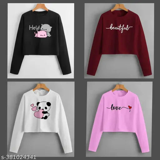 Trendy printed cotton blend crop top with long sleeves, women's style from India