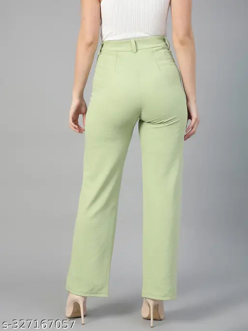 Green cotton blend women's regular fit trousers