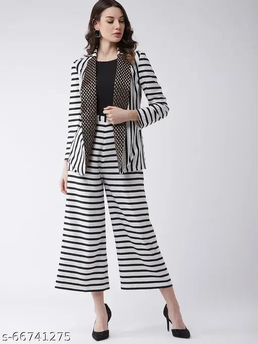 Polyester striped jumpsuit with blazer for women (XS-L), Indian origin