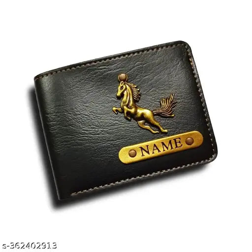 Personalized Faux Leather Wallet, customizable with names, black or brown color, features 5 compartments and textured net pattern