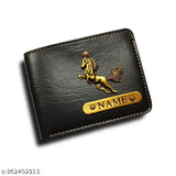 Personalized Faux Leather Wallet, customizable with names, black or brown color, features 5 compartments and textured net pattern
