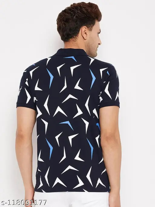 Navy Cotton Blend Half Sleeve Wild West Polo Collar T-Shirt for Men on hanger