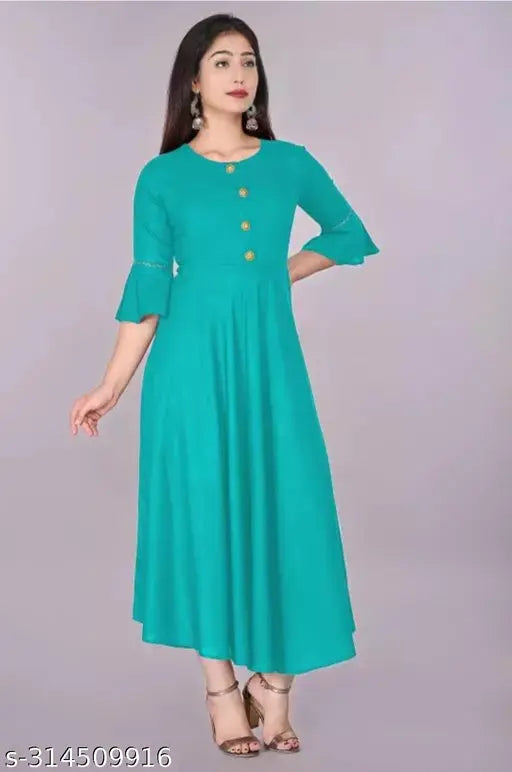 Sky blue rayon round neck flared kurta with three-quarter bell sleeves - premium quality Indian fashion clothing for women in solid color