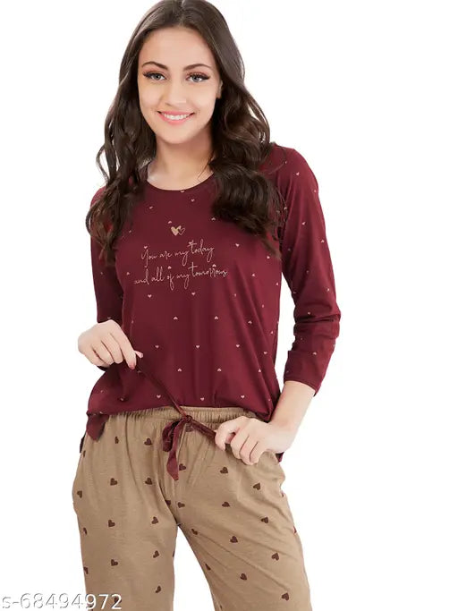 Pink cotton maroon heart-printed nightsuit set, flattering cuts and colors for sleepwear comfort