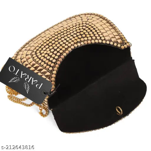 Golden metal clutch with sling bag design, handmade
