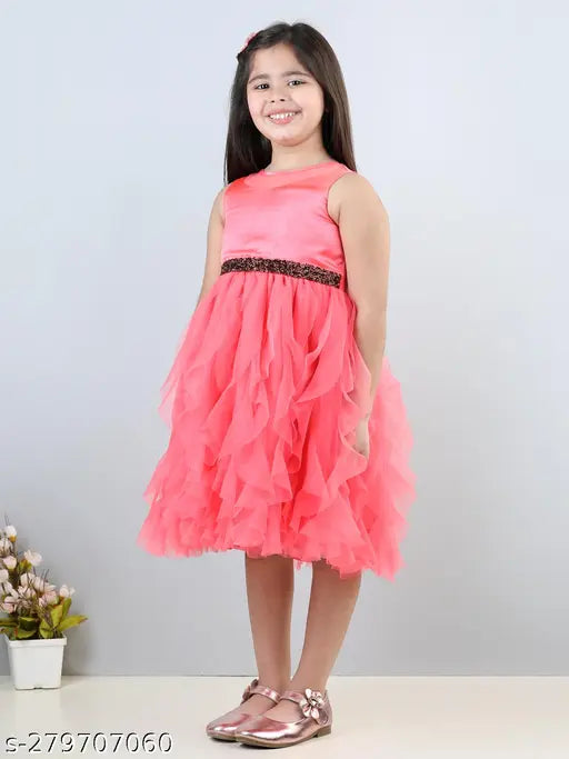 Pink net ruffle knee-length party dress for girls, embellished with toy balloons design from India