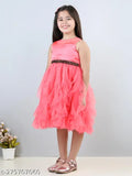 Pink net ruffle knee-length party dress for girls, embellished with toy balloons design from India