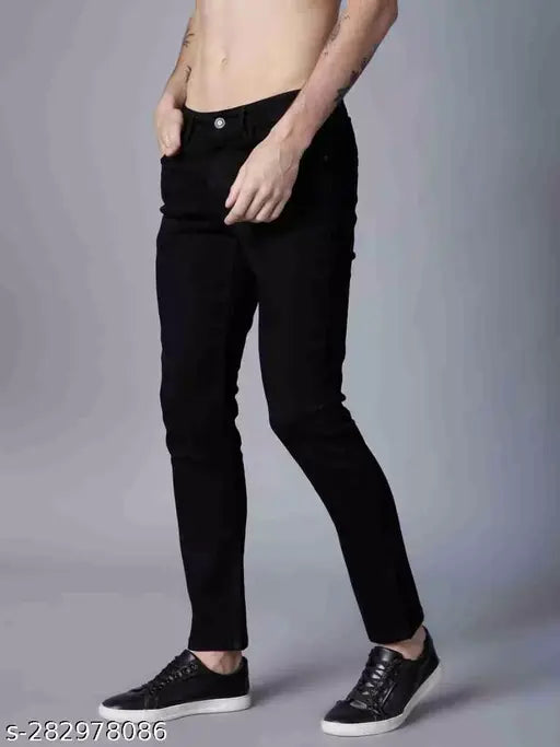 Black polyester regular-fit jeans for all seasons, solid style, size 28-32 originating from India