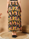 Black floral pleated maxi skirt with pockets, perfect for any occasion. High-quality crepe fabric, long design, fits sizes 26-38