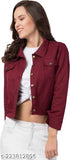 Solid cotton denim jacket for women, classic style with collared neckline and button front closure, full sleeve length