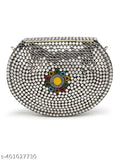 Silver metal clutch with patterned trim