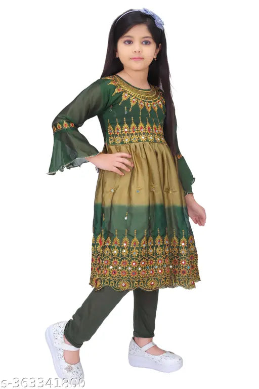Green and gold party dress, long sleeve, embroidered detailing