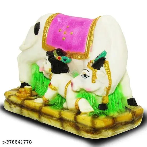 PMR Hindu God Krishna & Cow Gau Mata Resin Idol (4 x 3 inches) - Decorative figurine for gifting and home decor with precious stones, enhancing positive energy and spirituality