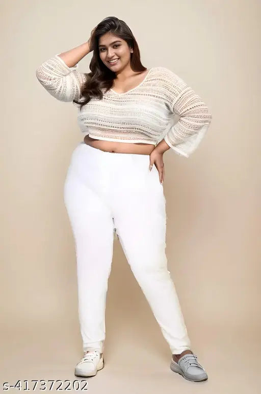 Plus size premium white denim jeggings with stretchable Lycra fabric, 40-inch length, India origin