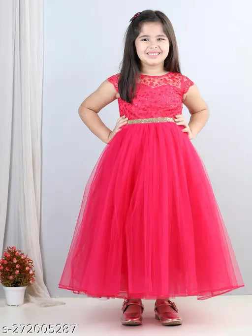 Pink net embroidered toy balloon gown dress for girls party wear, short sleeves, 2-3 years size