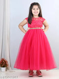 Pink net embroidered toy balloon gown dress for girls party wear, short sleeves, 2-3 years size