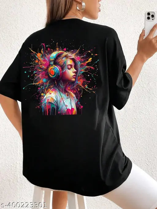 Trendy womens oversized t-shirt with vibrant color print, featuring graphic design and music theme