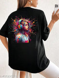 Trendy womens oversized t-shirt with vibrant color print, featuring graphic design and music theme