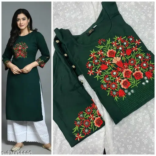 Embroidered rayon and cotton Banita women's kurta set with palazzos, three-quarter sleeves, Indian origin