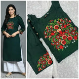 Embroidered rayon and cotton Banita women's kurta set with palazzos, three-quarter sleeves, Indian origin