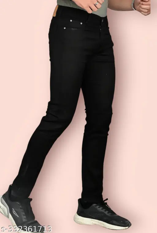 Black denim jeans by JovsHil for men, solid wash, size 28x39, India origin