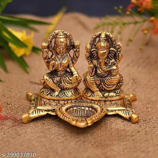 Metal Laxmi Ganesh Diya Idol, 15x11x10 cm, Indian crafted for home, temple, office, or gifting, symbolizing luck, happiness, and prosperity