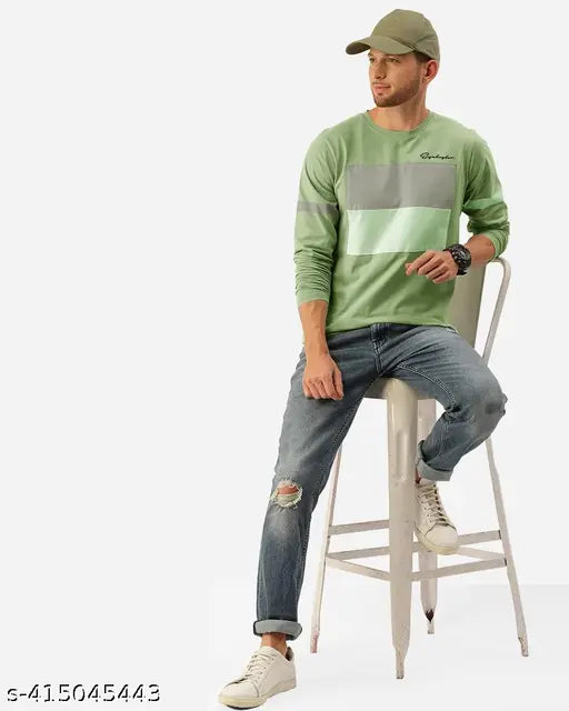 Cotton blend long sleeves round neck printed typography t-shirt, vibrant colors for modern men's fashion