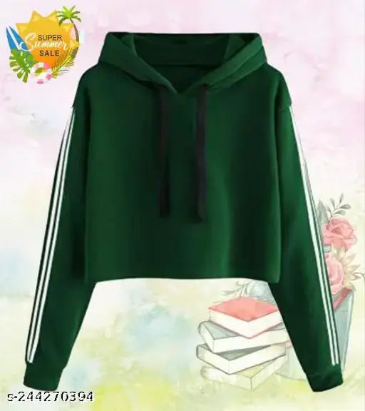 Dark green cotton blend solid crop hoodie for women, long sleeves and trendy style