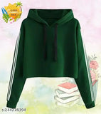 Dark green cotton blend solid crop hoodie for women, long sleeves and trendy style
