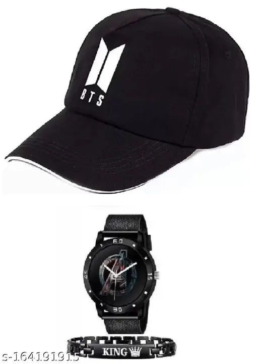 Black cotton BTS trendy baseball cap combo with black Avenger dial analog watch and king bracelet for men, boys - Indian brand Sports Trendy accessory set