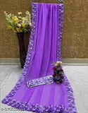 Purple Georgette sari with mirror border work, handmade, solid color