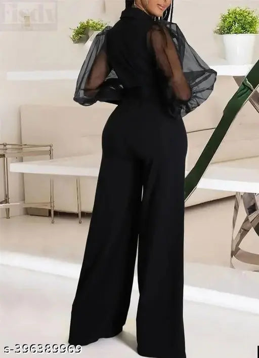 Black Lycra jumpsuit with long sleeves, solid balloons pattern by Ekeshwara for women