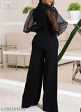 Black Lycra jumpsuit with long sleeves, solid balloons pattern by Ekeshwara for women
