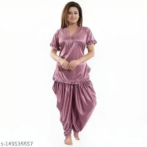Satin night suit set for women and girls, solid pattern in various sizes, perfect for summer nights, quality fabric from Manoj Enterprises, India