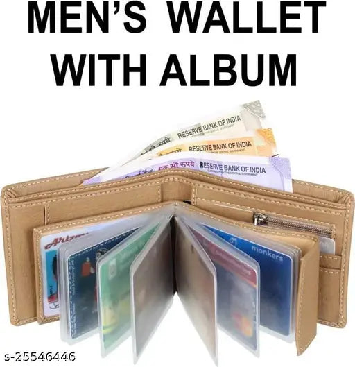 Faux leather men's beige bifold wallet, compact design with ID window, coin pocket, and multiple card slots. Solid style, high-quality stitching, and easy portability for travel or daily use. Made in India