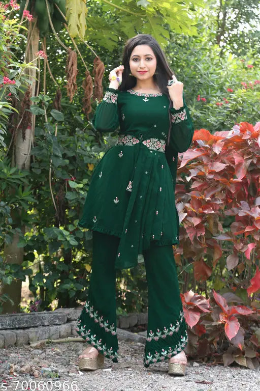 Green faux Georgette Kurta Palazzo Set with embroidered top and dupatta - women's traditional Indian ethnic wear