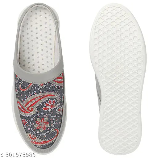 MangoGrey synthetic printed ballerinas on display, open back design, India's trendy footwear for the cosmopolitan
