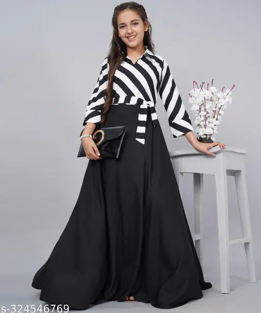 Striped crepe maxi dress for girls, 14-15 years, rose flower print, round neck, belted design, party wear, Aarya Designer collection