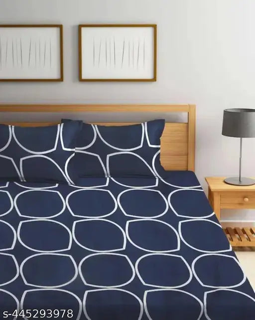 Glace cotton geometric-patterned, superfine elastic fitted bedsheet for adult double queen size, made in India