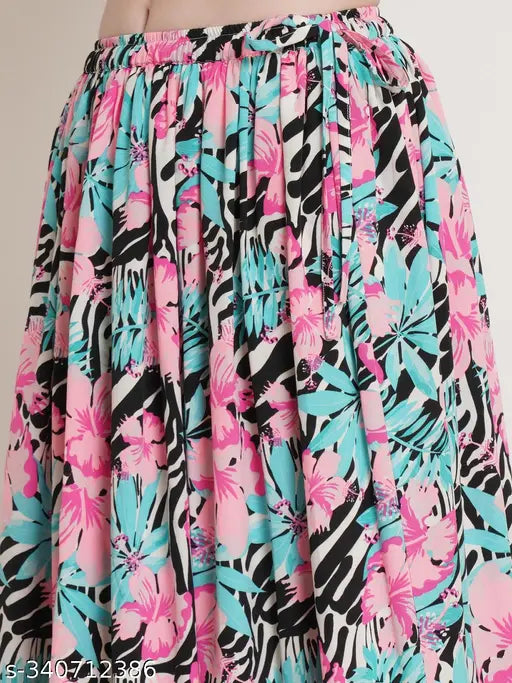 Multicolor polycrepe tropical floral print maxi skirt for women with adjustable waist, home wash and wear. Hive91 brand, Indian origin