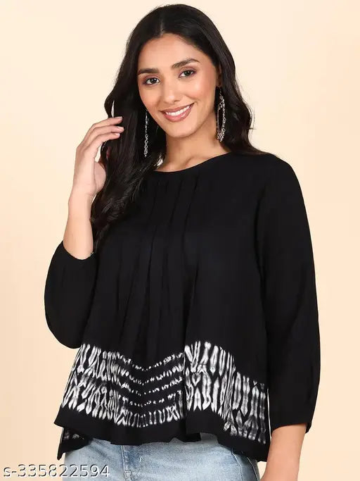Black rayon pleated tie dye top, three-quarter sleeves, solid pattern - breathable, soft, casual wear from India