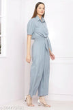 Grey color women's solid 2-piece crepe jumpsuits, short sleeves and solid pattern on mannequin