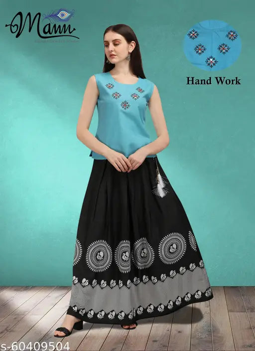 Prime Fashion cotton top & crepe bottom set for women, sleeveless, various sizes available