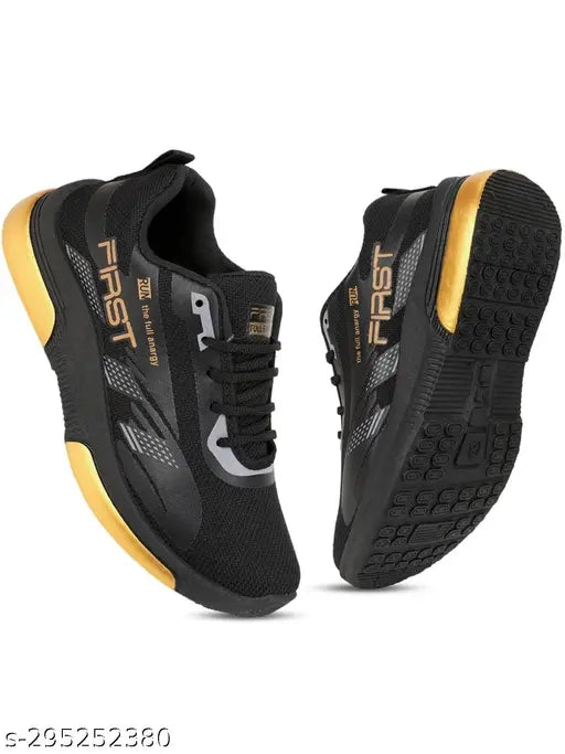 Black and gold running shoes with a modern design