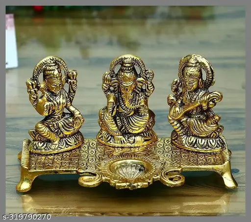 Laxmi Ganesh Sarawati Choki metal set with diya, Vastu-friendly home decor for gifting, purpose luck and happiness, size 18x10x10 cm, Indian origin