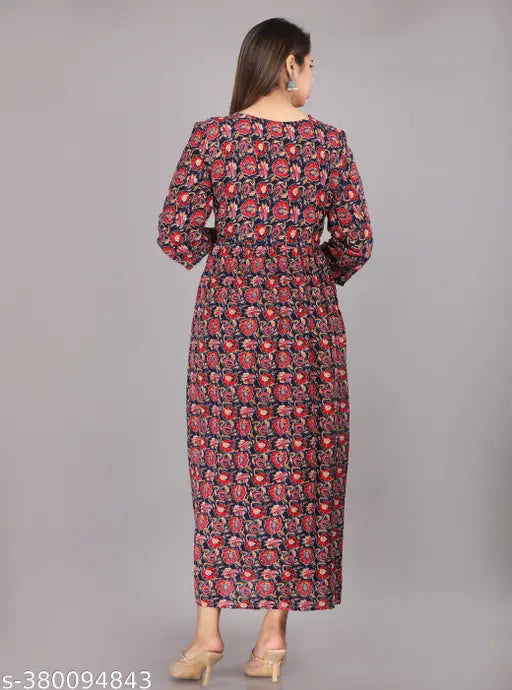 Printed long dress with floral pattern, long sleeves