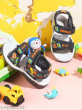 Grey casual sandal for kids, blue, black and red color detail, cartoon character on strap