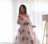 Georgette floral printed Anarkali Kurta with Dupatta, new women's ethnic wear. High-quality Georgette fabric, long sleeves, perfect for occasions and festivals. Available in sizes S-5XL. Made in India