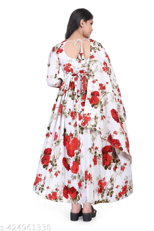 Rayon printed net three-quarter sleeve women's gown, stylish designer dress for girls aged 9-16 years